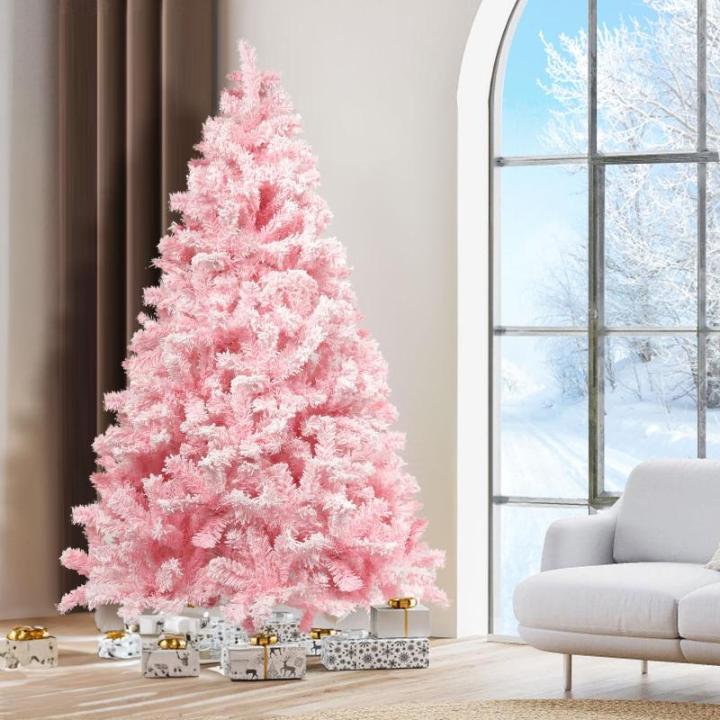 180 cm kerstboom bevlokt roze met volle flocked decoratie met sneeuwvlokken, 808 punten dennenbladeren van pvc en stabiele basis, kerstboom voor kerstdecoraties