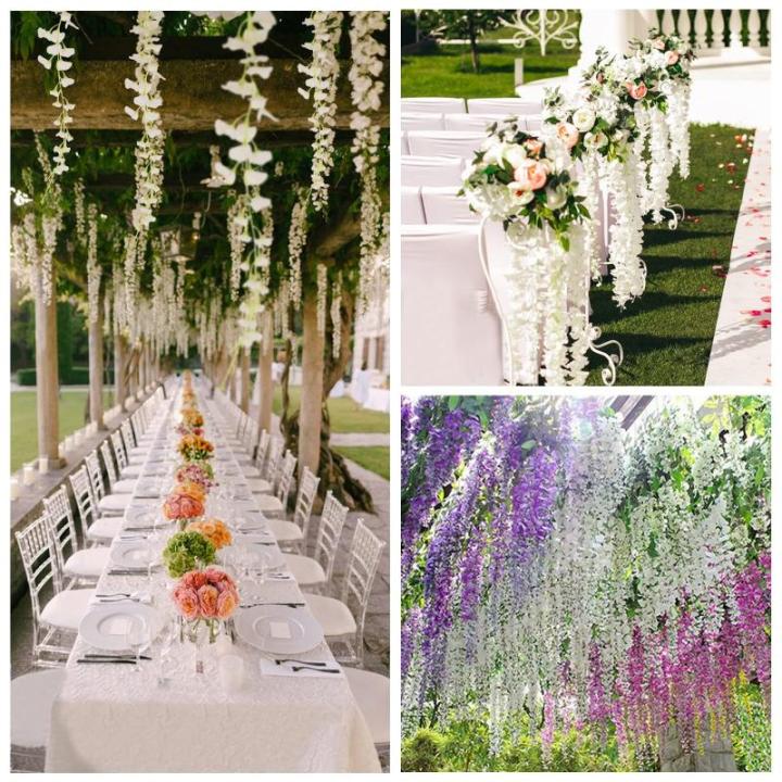 Kunstmatige blauweregen slinger, 2 x 2 m, hangende , witte kunstplanten, zijden bloemen, wijnstokken, wisteria voor bruiloft, tuin, feest, wanddecoratie