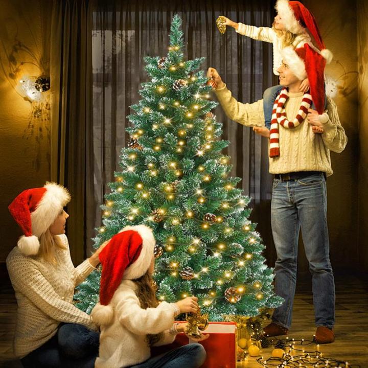 Kunstkerstboom, dennenboom met verlichting, 250 leds, warm wit, incl. metalen standaard, 570 takken, pvc-kerstboom voor kerstdecoratie (150 cm, sneeuweffect, dennenappels + led)