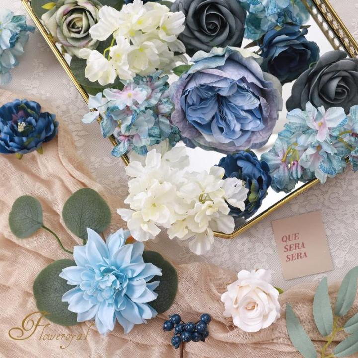 Künstliche Blumen Combo Dusty Blue Flowers Mix Silk Flowers Dahlie Rosen mit Stielen für DIY Hochzeit Brautsträuße, Babyparty, Blumenarrangement, Tischaufsätze, Heimdekoration