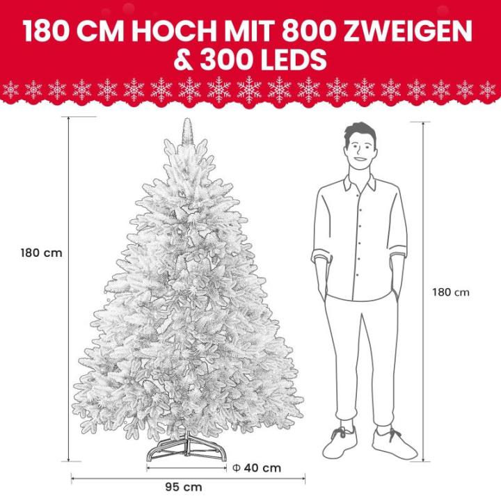 Niwa Kerstboom met verlichting, versierde flock-look, 2-in-1 kunstkerstboom met lichtketting, 300 warm wit licht en 800 PE + pvc-takken, opvouwbare dennenboom (H180 cm)