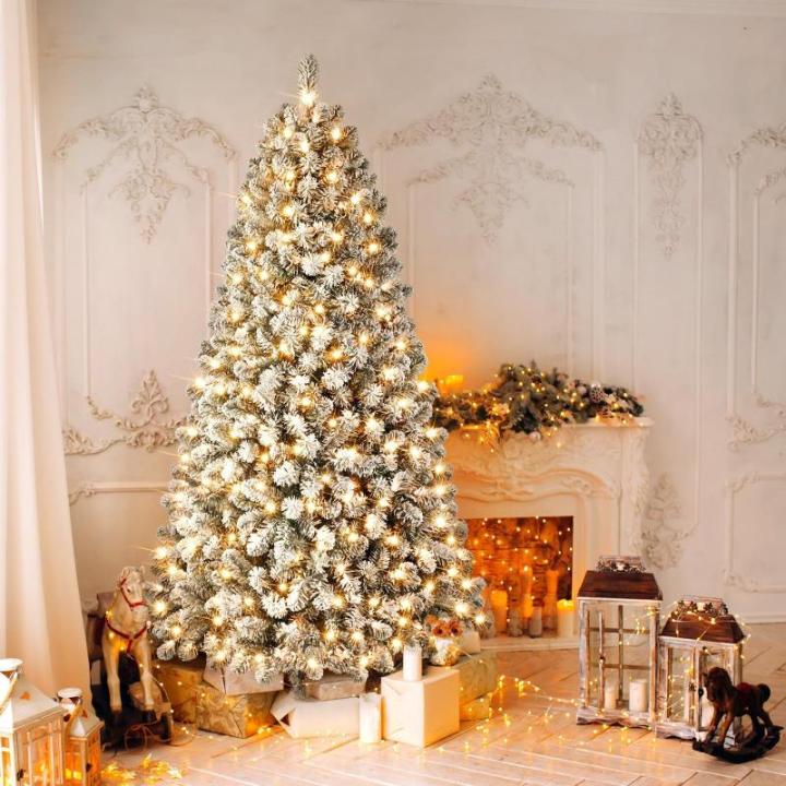 210 cm kerstboom kustlich met verlichting, led witte decoratie met 8 lichtmodi, 350 warmwitte lampen, opvouwbare standaard, sneeuwtakpunten voor feestdecoratie thuis