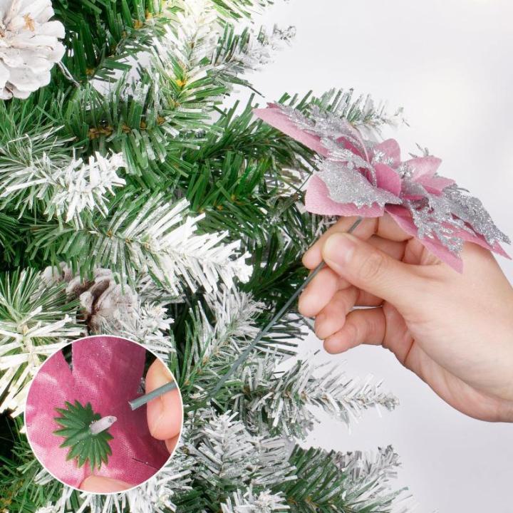 12 stuks glitter kerstster bloemen roze kerstbloemen met 12 stuks kunststof wortelstokken 12 stuks clip kunstglitter kerstboom bloemen voor bruiloft kerstboom decoraties