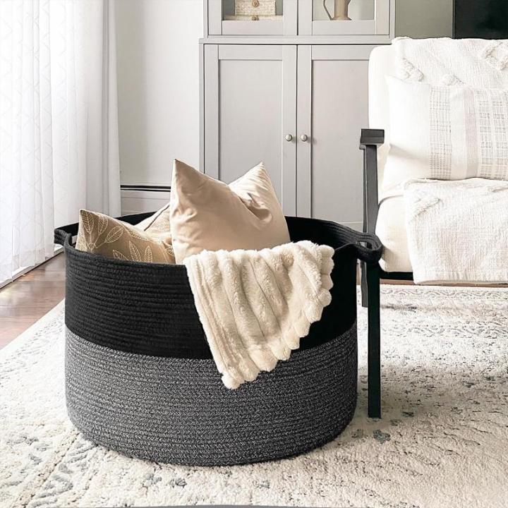Opbergmand voor kinderkamer, wasmand voor kinderen, grote kerstboommand, mand voor dekens, babyspeelgoed, gevlochten mand, 55 x 35 cm, zwart