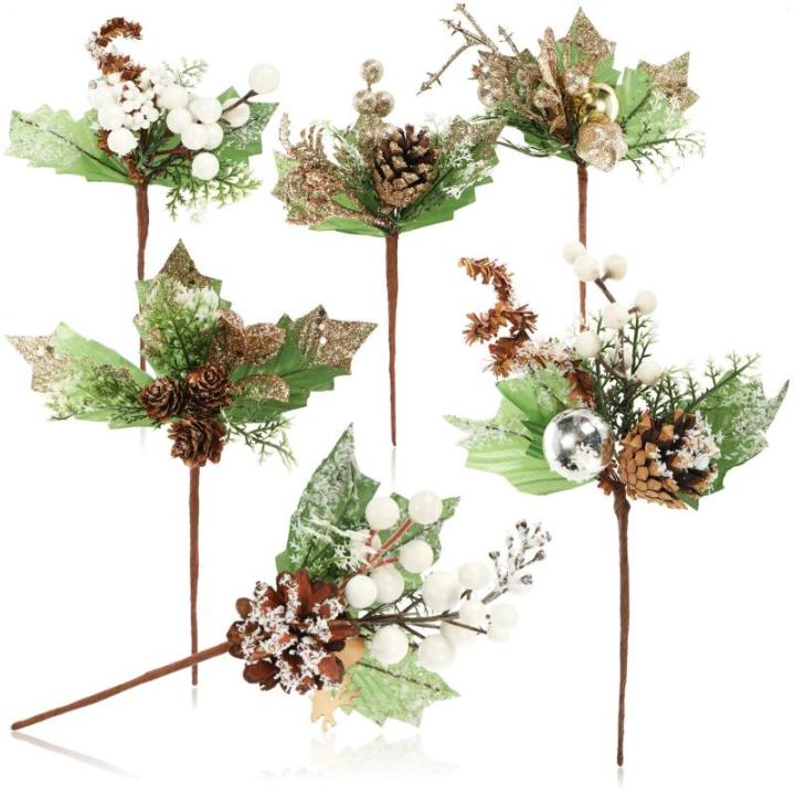 6 x decoratieve maretak, decoratieve maretakjes om op te hangen, decoratieve takken als knutselbenodigdheden, verfraait geschenken en potpourris (6 stuks - wit + goudkleurig)