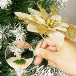 12 stuks glitter kerstster bloemen kerstbloemen met 12 stuks kunststof wortelstokken 12 stuks clips kunstglitter kerstboom bloemen voor kerstboom Nieuwjaar decoraties 14,5 cm
