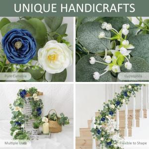 Künstliche Eukalyptus-Blumengirlande mit blau-weißen Rosen, Kunstpflanzen, Seide, Blumengirlande, Schleierkraut, Efeu-Ranken, für Hochzeitsdekoration, Zuhause, Party, Tischläuf