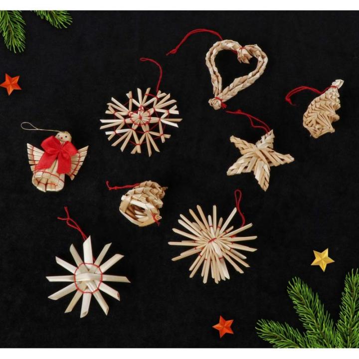 Kerstboomversiering, 60 stuks, handgemaakte kerstboom van stro, strosterren, Kerstmis, bevat kerstman, sterren, hart, natuurlijke boomversiering, Kerstmis voor kerstboomdecoratie