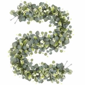 2 stuks kunstmatige slingers eucalyptus met witte bloemen, kunstmatige hangplant eucalyptus, groene kunstplant, bladerslinger, voor achtergrond, bruiloftsdecoratie, tafeldecoratie