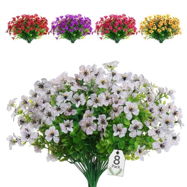 Kunstbloemen, 8 bundels voor buiten, uv-bestendig, namaakbloemen, vervaagt niet, groene kunstplant, tuin, veranda, raam, box, kantoor, struiken, decoreren (wit)