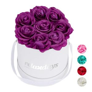 Rozenbox rond, 8 rozen, stabiele bloemenbox wit, 10 jaar houdbaar, cadeau-idee, decoratieve bloemenbox, paars