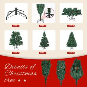 Kunstkerstboom, groen, 150 cm, 760 takken, dennenboom met groene takken en dennenappels, incl. metalen standaard