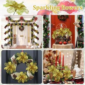 Weihnachtsblumen Künstlich, Weihnachtsbaum Blumen Mit 15 Clips, Glitzer Blumen Weihnachten, Künstliche Blumen für Weihnachten (Gold)