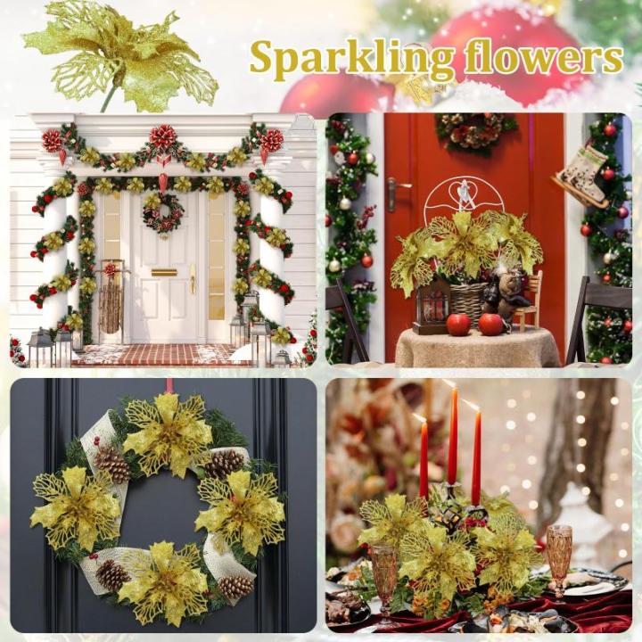 Weihnachtsblumen Künstlich, Weihnachtsbaum Blumen Mit 15 Clips, Glitzer Blumen Weihnachten, Künstliche Blumen für Weihnachten (Gold)