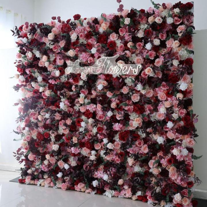 Romantische Rosenblume, Künstliche Blumen-Wandpaneele Mit Stoffrückseite, Hochzeit, Party, Brautparty, 3D-Wandhintergrund Mit Romantischen Rosafarbenen Grünen Blättern(1X2M/3.2