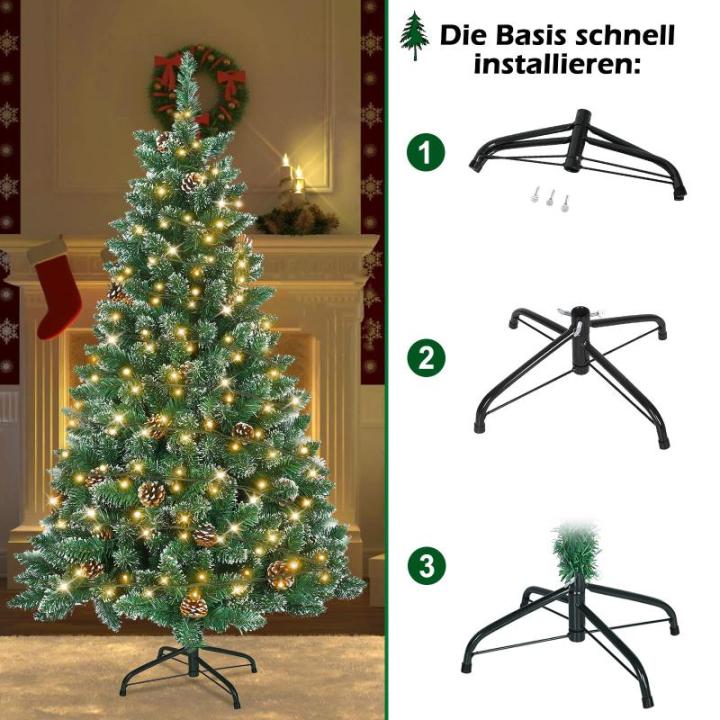 Kunstkerstboom, dennenboom met verlichting, 180 leds, warm wit, incl. metalen standaard, 367 takken, pvc-kerstboom voor kerstdecoratie (120 cm, sneeuweffect, dennenappels + led)