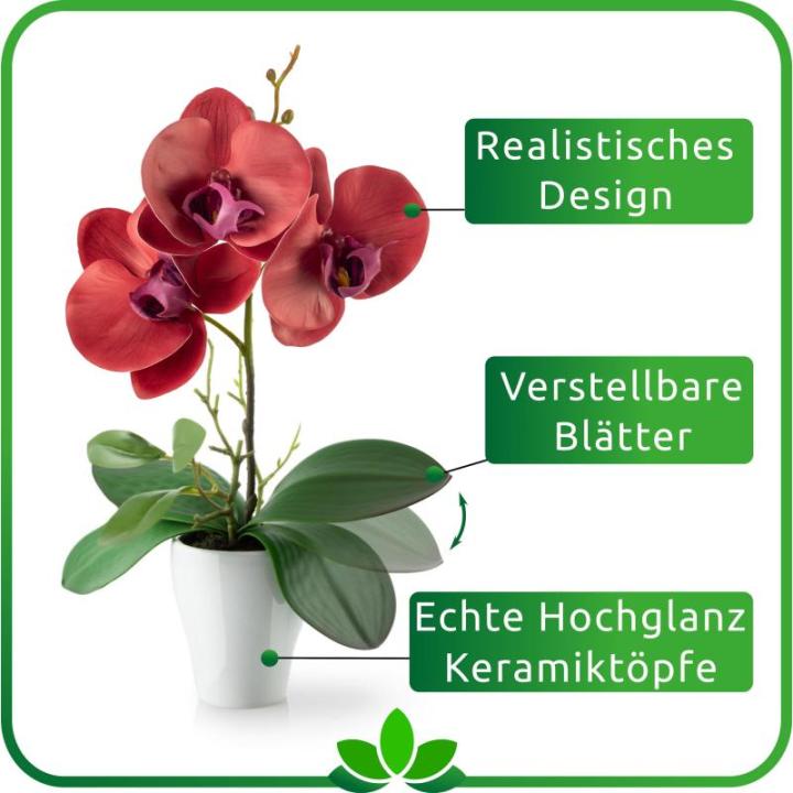 in pot (35 cm), set van 3 kunstorchideeën, kunstmatig afgestemde arrangement in hoogglans-keramische potten, decoratieve , kunstorchideeën (rood, oranje, geel)