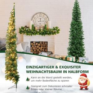 210cm Kunstmatige halve kerstboom met verlichting, kunstboom met 150 LED-lampjes, hoekkerstboom snelle montage, slanke kerstboom met metalen standaard, voor kantoor, thuis, feest