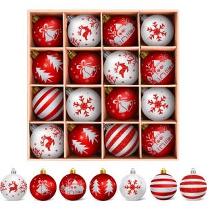 , kunststof kerstboomversiering, 16 stuks, kerstboomversiering, decoratie voor Kerstmis, met sleutelhanger, rood-wit, kerstdecoratie