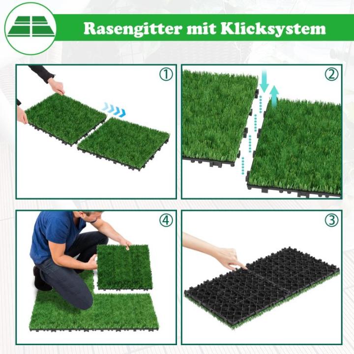 2㎡ Kunstrasen Bodenbelag Fliesen 30x30cm Rasenfliesen Outdoor Terrassenfliesen Klickfliesen mit Drainage Gitter Künstlicher Rasenteppich 22 Stück Bodenfliesen für Balkon Terra