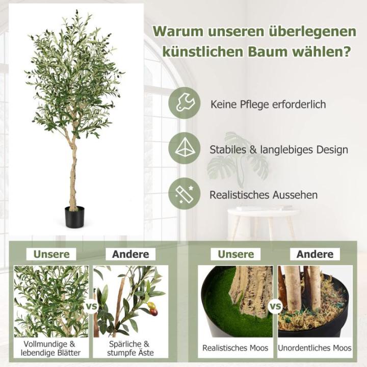 Kunstolijfboom, kunstplant 180 cm, kamerplant met cementpot, natuurlijke bladeren en 72 vruchten, kunstboom voor tuin, kantoor, thuis, , groen