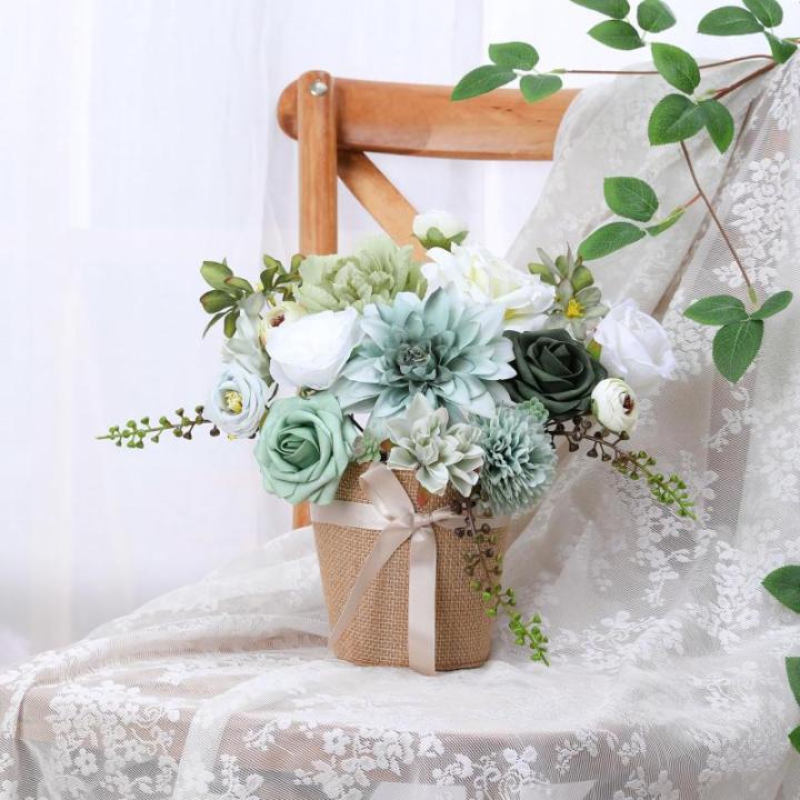 Groene kunstmatige bloem combo nep roos faux dahlia bloemen met stengels voor doe-het-zelf bruiloft bruidsboeket party woondecoratie