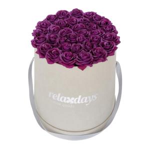 Rozenbox rond, 34 rozen, stabiele bloemenbox, grijs, lang houdbaar, cadeau-idee, decoratieve bloemenbox, paars, karton, stof, PP, 33 x 32 x 32 cm
