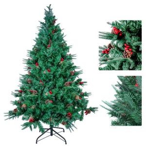 5FT kunstmatige kerstboom, premium scharnierende spar kerstboom, eenvoudige montage met metalen standaard, kerstversiering voor binnen en buiten, met PVC+PE+dennenappel+rood fruit