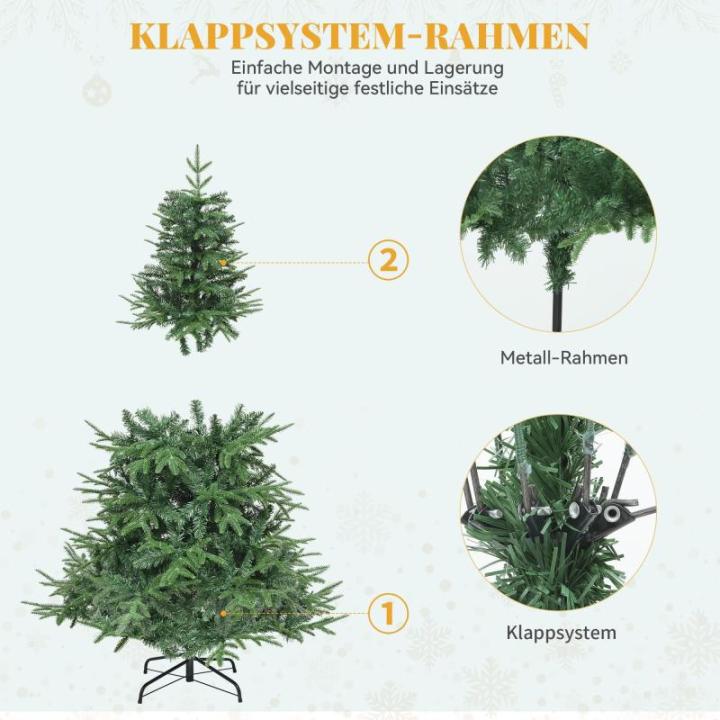 Premium kunstkerstboom, 152 cm, ca. 450 takpunten, PE spuitgegoten en pvc, natuurgetrouwe dennenboom met klapsysteemframe en metalen standaard, snelle montage voor thuiswinkels, 15
