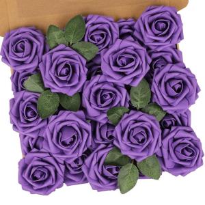 Kunstbloemen, rozen, 25 stuks, kunstrozen met stelen, doe-het-zelf decoratie, bruidsboeketten, Valentijnsdag, Moederdag, bruiloftsfeest, babyshower, woondecoratie, donkerpaars