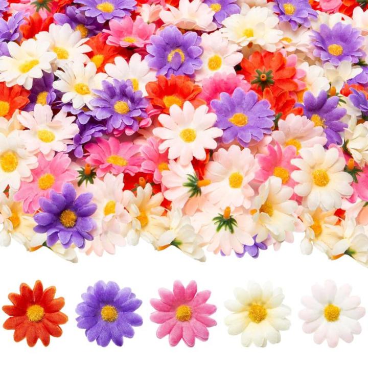 100 stuks 4 cm kunstmadeliefjes, bloemkoppen, mini-madeliefjes, , meerkleurig, madeliefjes, mini-bloemen voor bruiloften en feestdecoraties