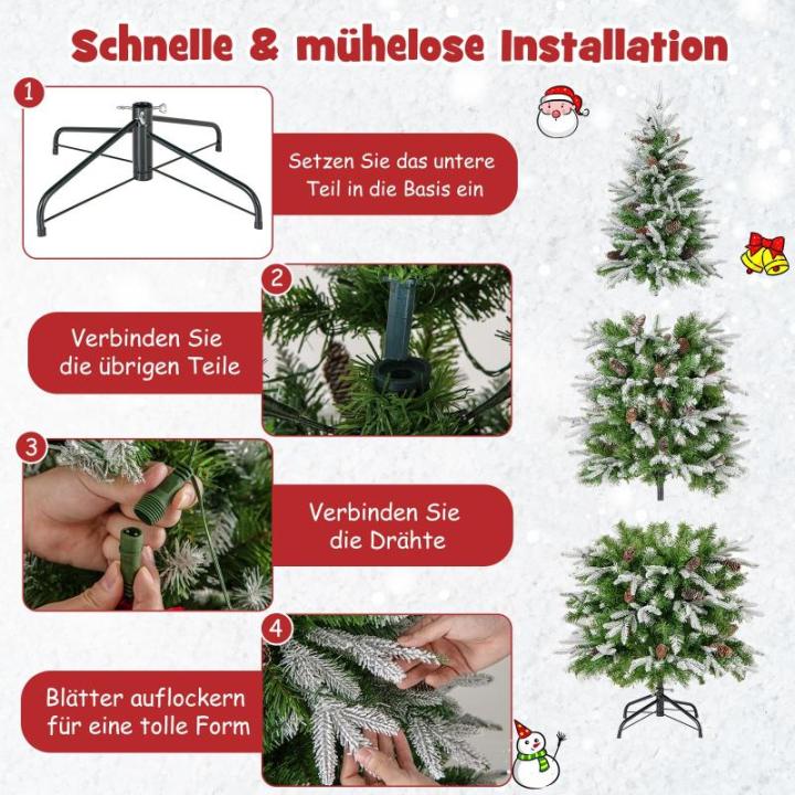 Kunstkerstboom van 190 cm met verlichting en sneeuw, potlood dennenboom met 280 warmwitte ledlampen en 60 dennenappels, smalle kerstboom voor thuis
