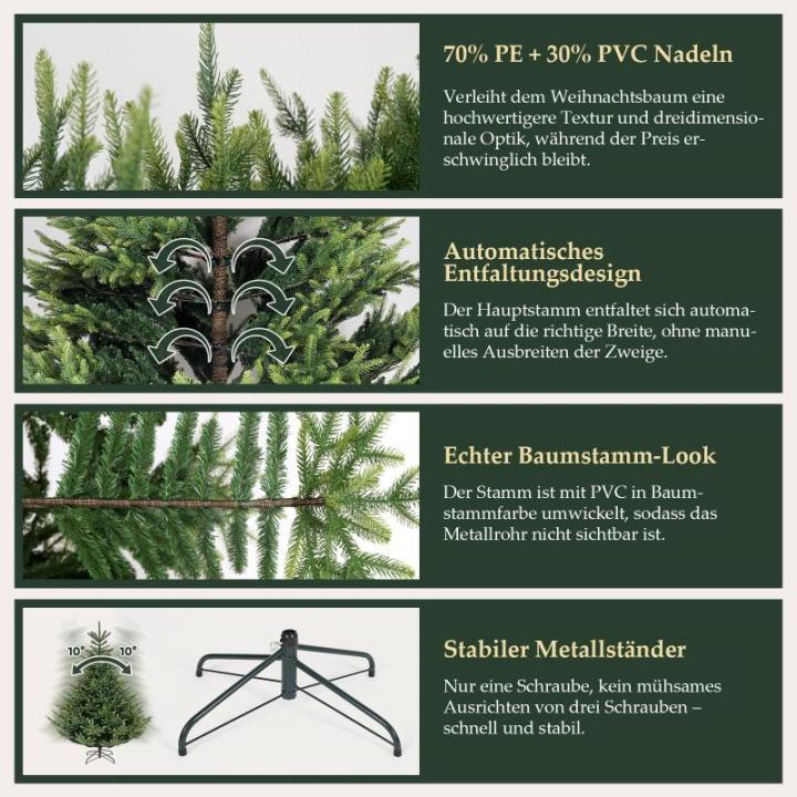 Kunstkerstboom, 210 cm, natuurgetrouwe dennenboom, kunstkerstboom met klapscherm, pvc en PE kerstboom, metalen kerstboomstandaard