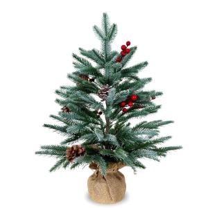 55 cm kerstboom vijf vorken PE rood fruit linnen mist witte boom, 8 dennenappels, 8 bessen | pluizige bevlokte kerstboom van 2 voet - geeft een feestelijke touch | dunne vlok op gr