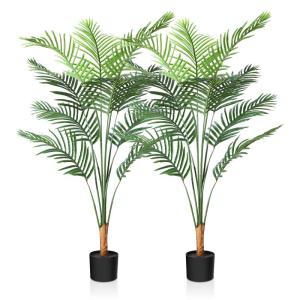 Kunstpflanze Palmen 130 cm Plastik Künstliche Pflanze Groß Areca Palme im Topf Wohnzimmer Balkon Schlafzimmer Grün Deko (2 Pack)