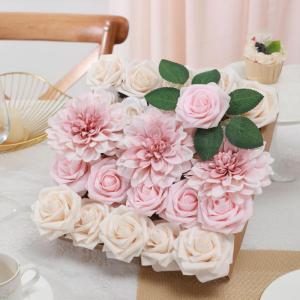Roze kunstbloem combo nep roos faux dahlia bloemen met stengels voor doe-het-zelf bruiloft bruidsboeket feest woondecoratie (roze)