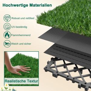 Grasfliese Set 30x30cm, Kunstrasen Rasenteppich Outdoor, 4cm Dicke, PE-Material, immergrün Grasmatte, künstlicher Rasen Bodenbelag für Terrasse, Balkon, Rasenfliesen Bodenbelag,