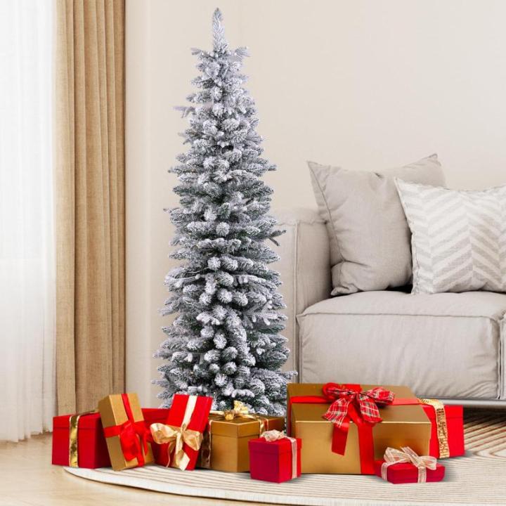 Kunstkerstboom met sneeuw, 120/140 warmwitte leds, 8 transformatiemodi, 249/334 takpunten, van PE en pvc, 150 cm/180 cm, met cementbasis (180 cm)