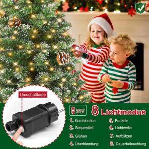 Kunstkerstboom met verlichting, 210 cm, led-kerstbomen, dennenboom, decoratieve boom met lichtketting en standaard, kerstdecoratie, groen pvc met sneeuweffect en dennenappels