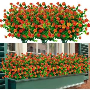 Kunstbloemen voor buiten, uv-bestendig, , bloemen in grote hoeveelheden voor het ophangen van plantenbakken, buiten, veranda, vaas, thuis, raamdecoratie, 6 bundels, oranje