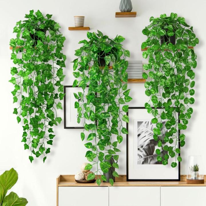 3 stuks met potten, 90 cm, , hangend gecodeerde namaakplanten, wijnstok, onderhoudsvrije eucalyptus, decoratie voor binnen en buiten, tuin, wanddecoratie