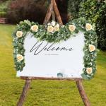 Kunstmatige eucalyptus slingers met witte bloemen, 2 stuks, versleuteld groen, hangende slingers, eucalyptusplant, slingers voor bruiloftsboog, tafeldecoratie (groen en wit, 2 stuk