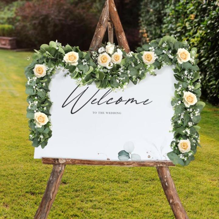 Kunstmatige eucalyptus slingers met witte bloemen, 2 stuks, versleuteld groen, hangende slingers, eucalyptusplant, slingers voor bruiloftsboog, tafeldecoratie (groen en wit, 2 stuk