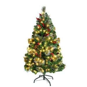 Kunstkerstboom, kunstkerstboom met verlichting, 120 cm, kunstkerstboom met 180 leds en standaard, kunstkerstdecoratie, met dennenappels en bessen