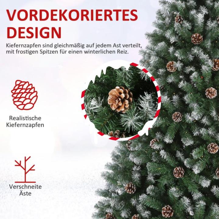 Kunstkerstboom met 250 leds, met sneeuw, 180 cm (diameter circa 110 cm), 1000 tips, versierde kerstboom met dennenappels, snelmontage-systeem, vlamvertragend, inklapbare standaard,