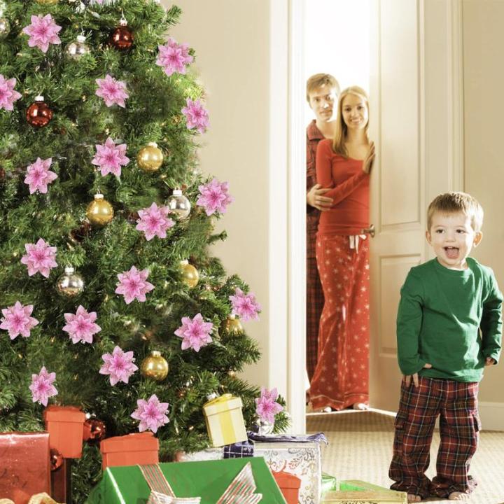 Poinsettia Kerstster, 20 stuks, glitter, kerstster, bloemen met clips, glitterende kerstbloem voor kerstboomdecoraties (roze)