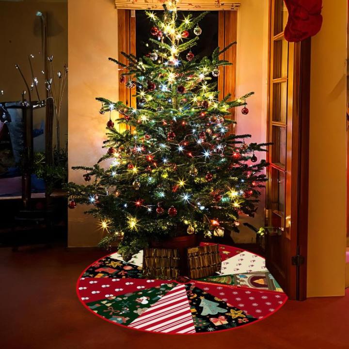Kerstboomdeken, 120 cm, groen, rood, kerstboomrok, ronde kerstboomdeken, polyester kerstboomdeken, graffiti, dennenboomdeken, retro kerstboomdeken voor wintervakantie, Kerstmis, fe