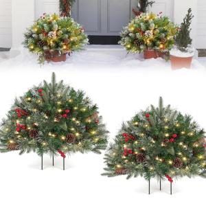 Prelit Planter Bushes Christmas, Prelit Pot Fillers, Pre-Lit Artificial Christmas Tree Feel Real Urn Filler, Holiday Planter, Faux Holiday Planter Filler with Lights, Tree Urn Fill
