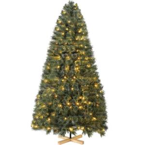 Nordmanntanne Kunstkerstboom, Levensechte Voorbehandelde Dennennaalden, Kerstboom met Handgemaakte Houten Standaard, Vakantie Decoratie voor Thuis en Winkel, 300 Warm Witte Lampjes