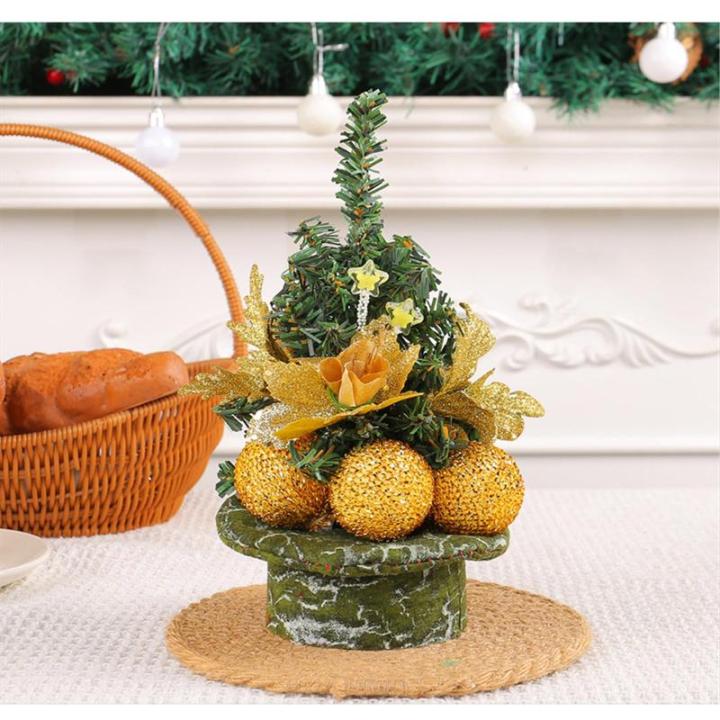 Eleganter Miniatur-Weihnachtsbaum mit goldenen Kugeln, Tannennadel, Schreibtisch-Dekoration für Büro, Urlaub, Dekoration, 5 Stück
